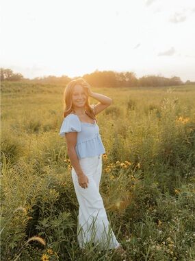 Light Blue Square Neck Crop Top with Puff Sleeves